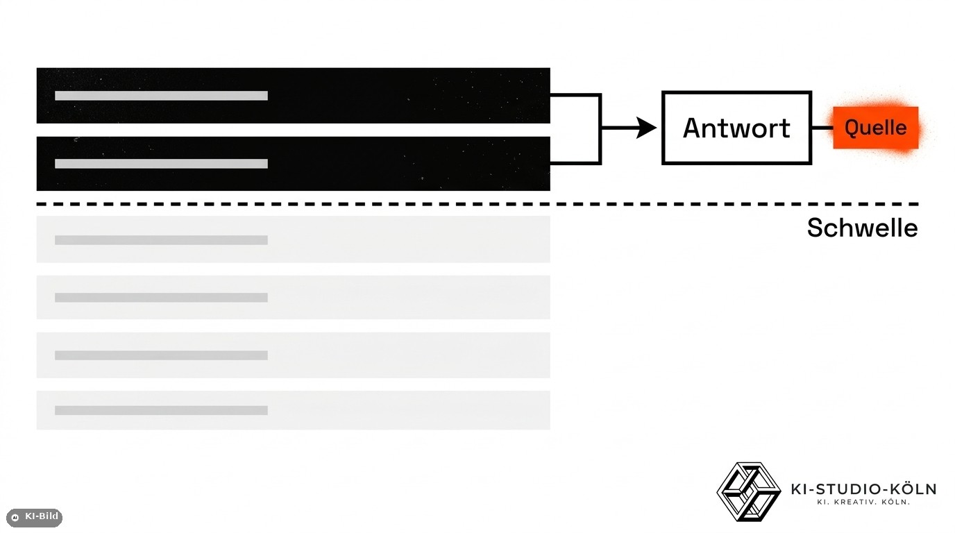 Schaubild: Nur die Abschnitte oberhalb einer Ähnlichkeitsschwelle fließen in die Antwort, und die Antwort verweist auf ihre Quelle