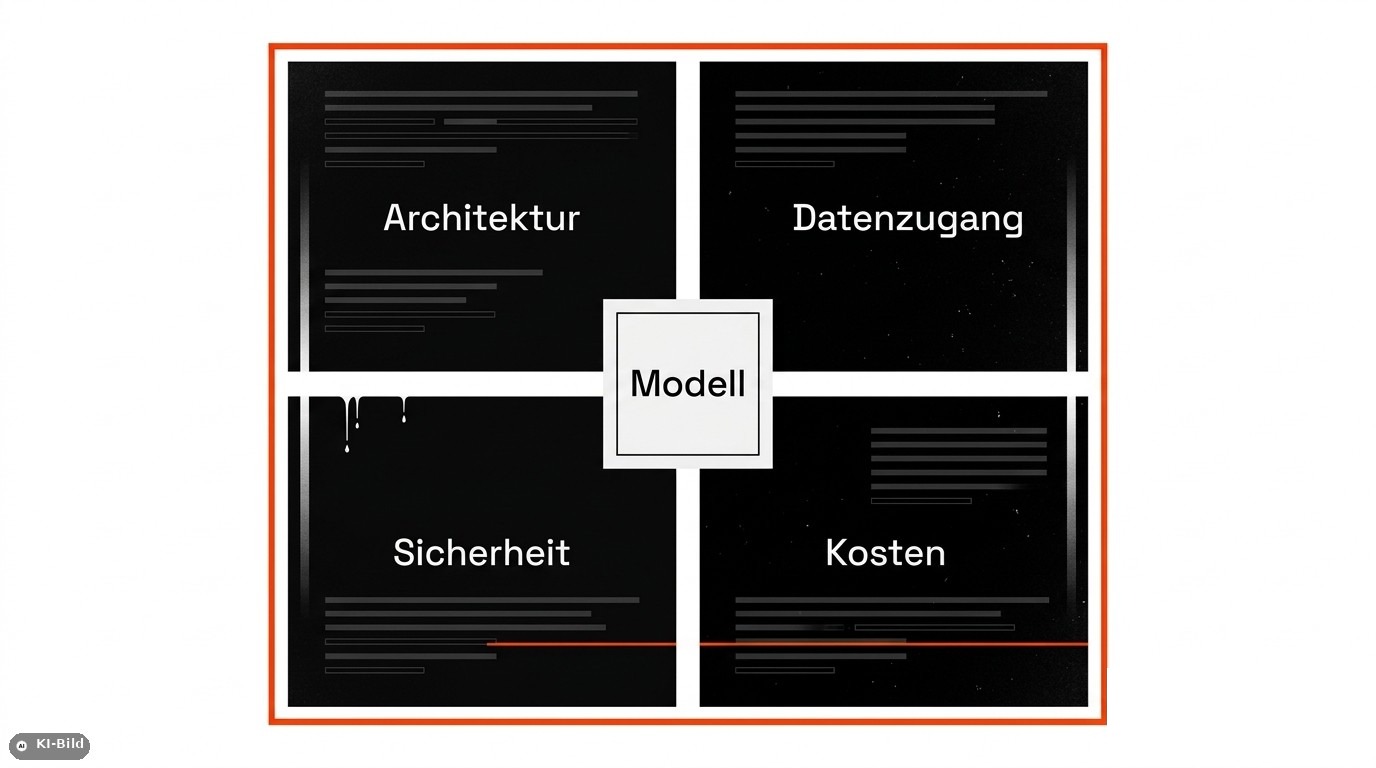 Schaubild: Das Modell als kleines Feld in der Mitte, umgeben von vier großen Blöcken Architektur, Datenzugang, Kosten und Sicherheit