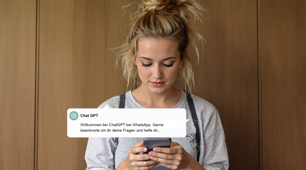 Junge Frau mit messy bun und leichten Sommersprossen tippt auf ihrem Smartphone, während sie eine KI-gestützte Unterhaltung führt. Das Bild symbolisiert die Nutzung von ChatGPT in WhatsApp für schnelle Antworten, kreative Texte und KI-gestützte Kommunikation im Alltag.”